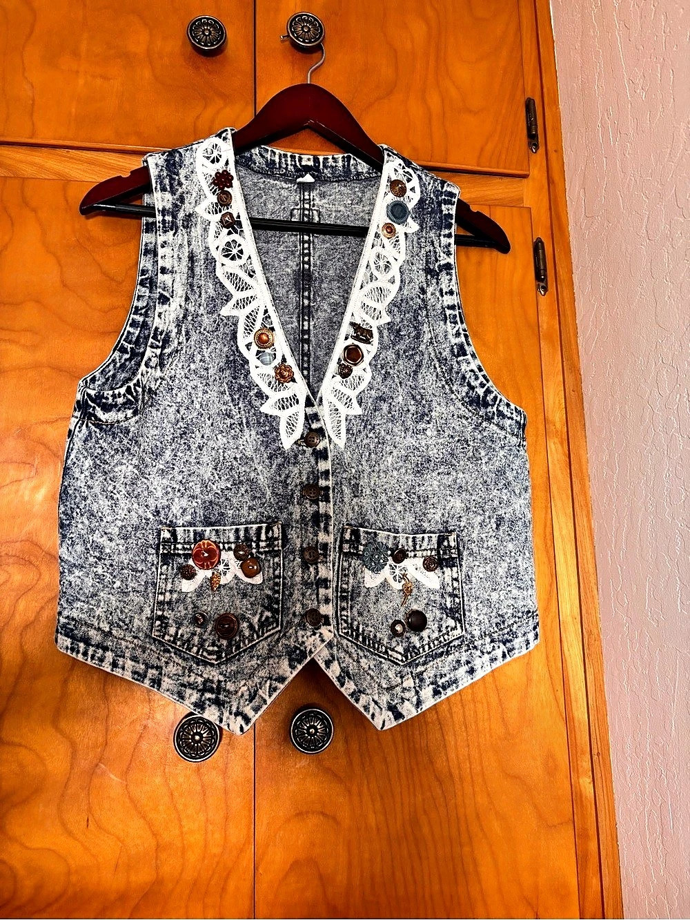 Vintage acid wash, denim western vest, lace, embellished, Boho cowgirl